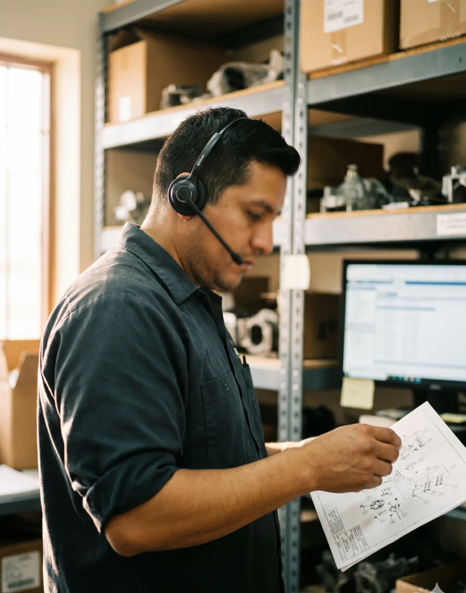 Especialista en repuestos con auriculares revisando un diagrama de pieza