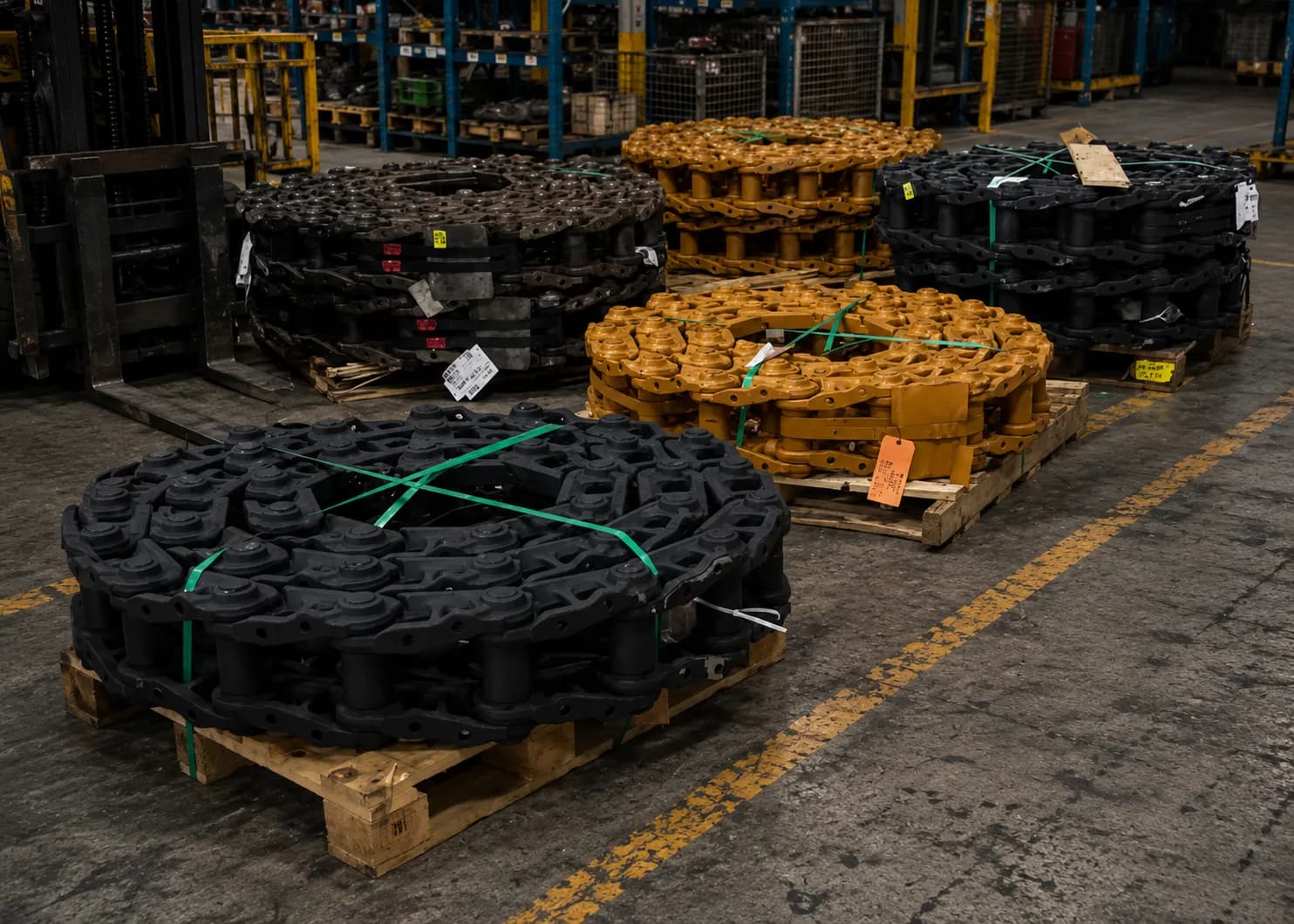 cadenas de oruga Berco para excavadora en paletas de almacén, en stock